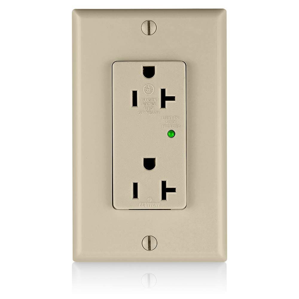 Leviton 5380-I 20 Amp Decora Plus Duplex Receptacle - Industrial Grade Surge Protection with Indicator Light, Ivory
