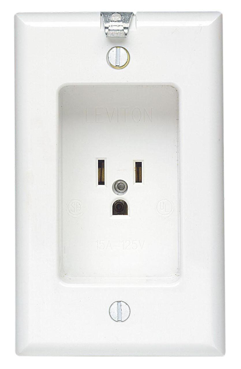 Leviton 688-W Recessed Single Receptacle: 15 Amp, 125V, Residential Grade with Clock Hanger Hook - White