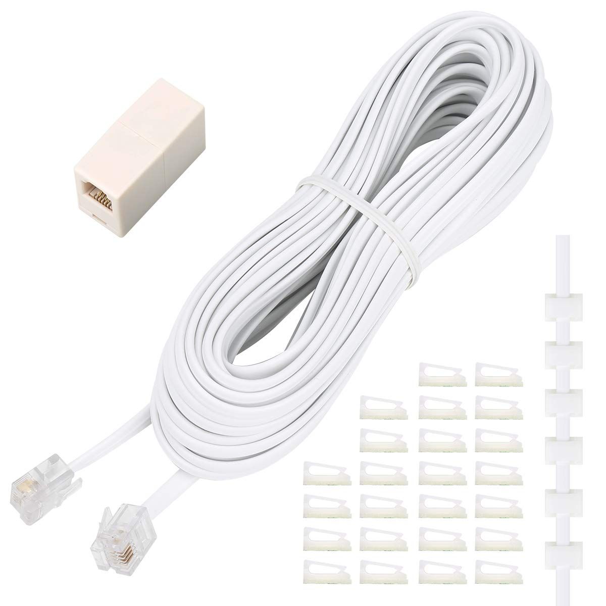 Uvital 33 Ft Phone Extension Cord with RJ11 Plug & Couplers - White Telephone Cable with 20 Cable Clips