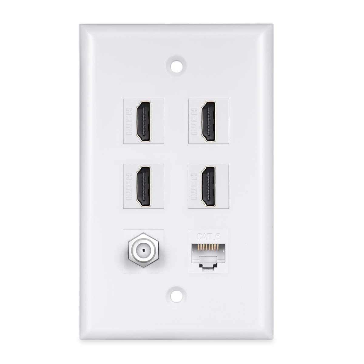 PHIZLI 4 HDMI Keystone Wall Plate with Cat6 Ethernet & Coax F Type Port - HDMI 2.0 Decorative Female to Female (White)