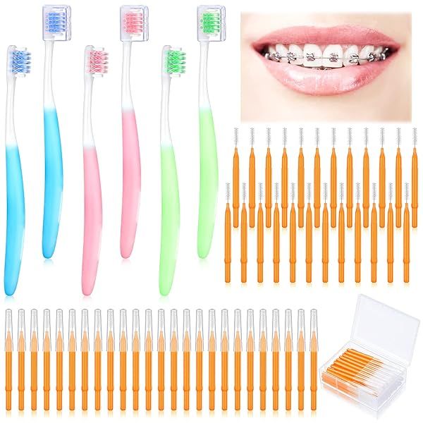 6 Pack V Shaped Orthodontic Toothbrush with 40 Soft Bristle Interdental Brushes for Braces Cleaning Portable Toothbrushes in Orange Medium