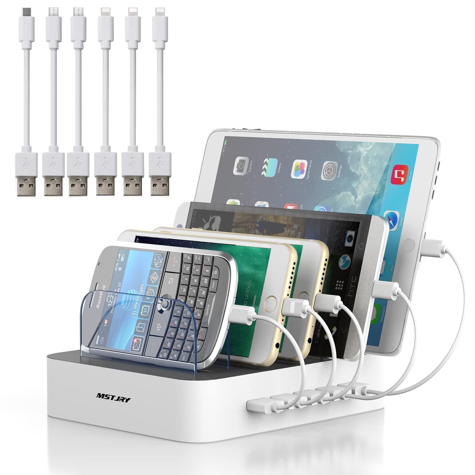 5-Port MSTJRY USB-A Charging Station for iPhone, iPad & Tablets - Includes 6 Short Cables & Power Switch