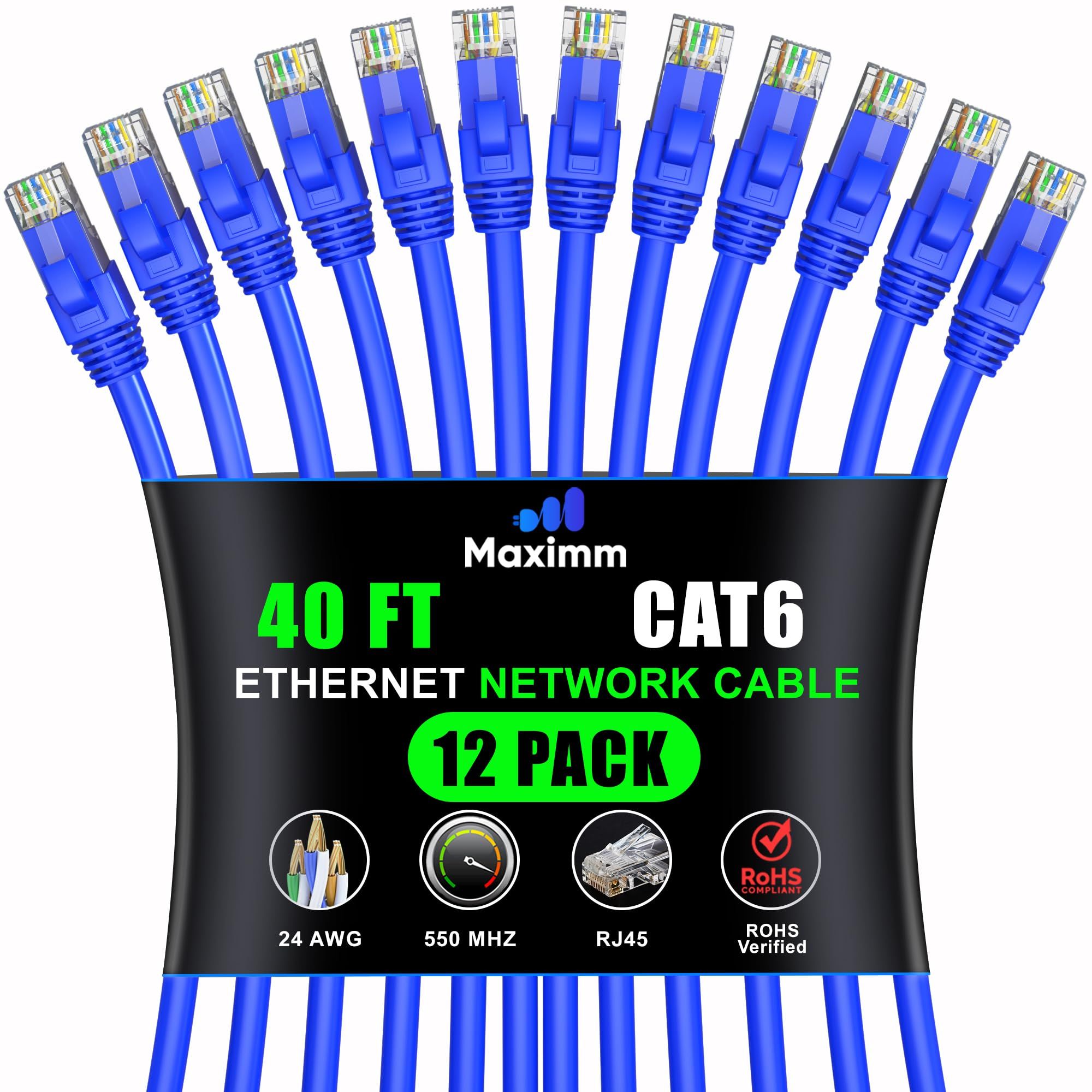 Maximm Cat 6 Ethernet Cable 40ft (12-Pack) - High-Speed 10Gbps LAN & Network Cable - UTP, 550MHz, Blue