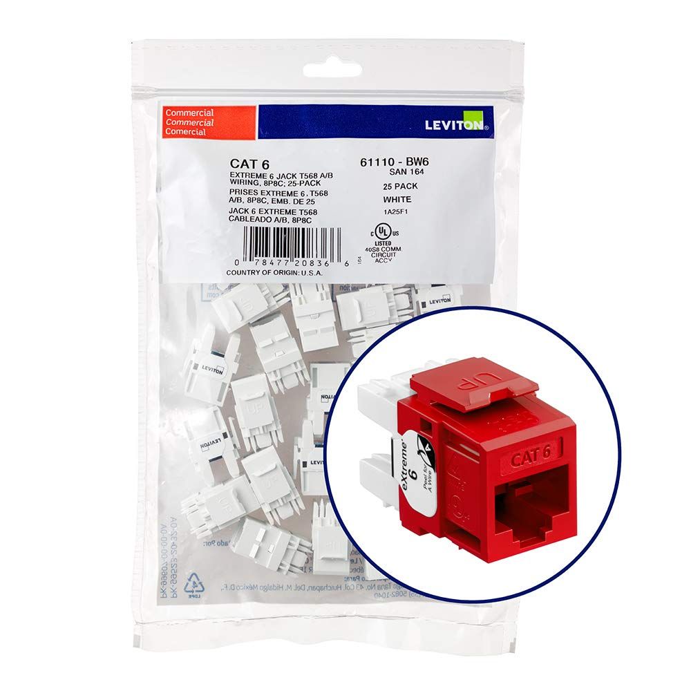 Leviton 61110-BC6 Extreme 6+ QuickPort Connector, CAT 6, Crimson - 25-Pack for High-Speed Networking