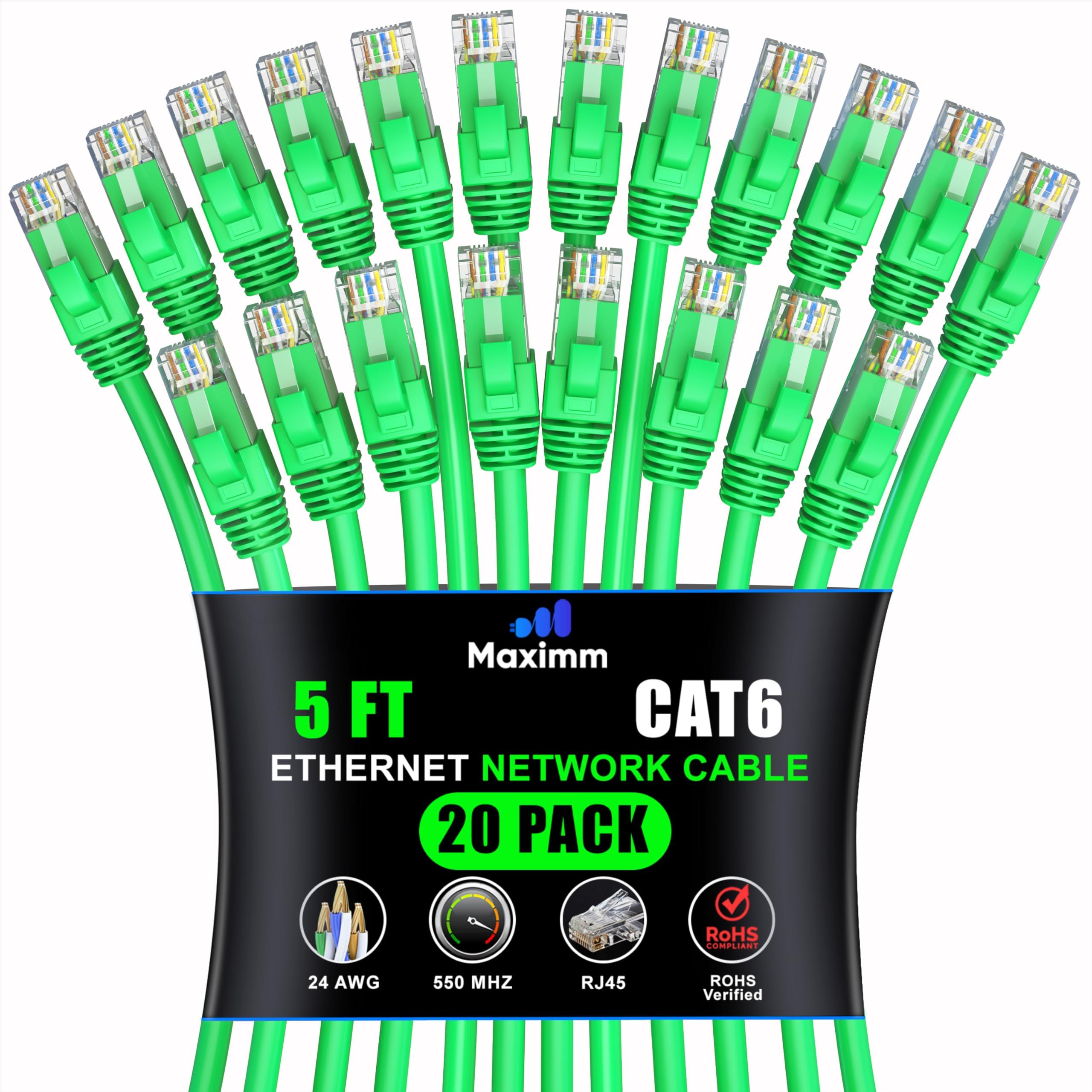 Maximm Cat 6 Ethernet Cable 5ft (20-Pack) - High-Speed 10Gbps LAN & Network Cables - UTP, 550MHz, Green