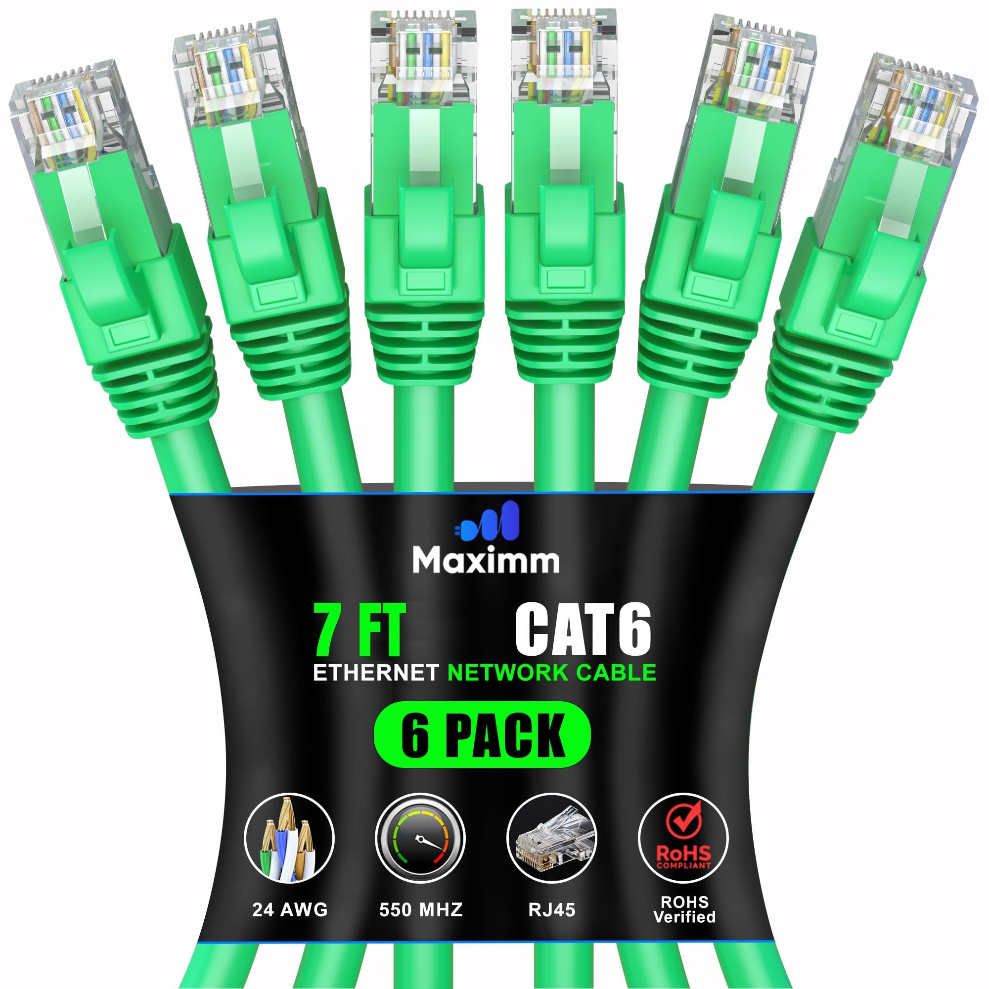 Maximm Cat 6 Ethernet Cable 7ft (6-Pack) - High-Speed 10Gbps LAN & Network Cable - UTP, 550MHz, Green