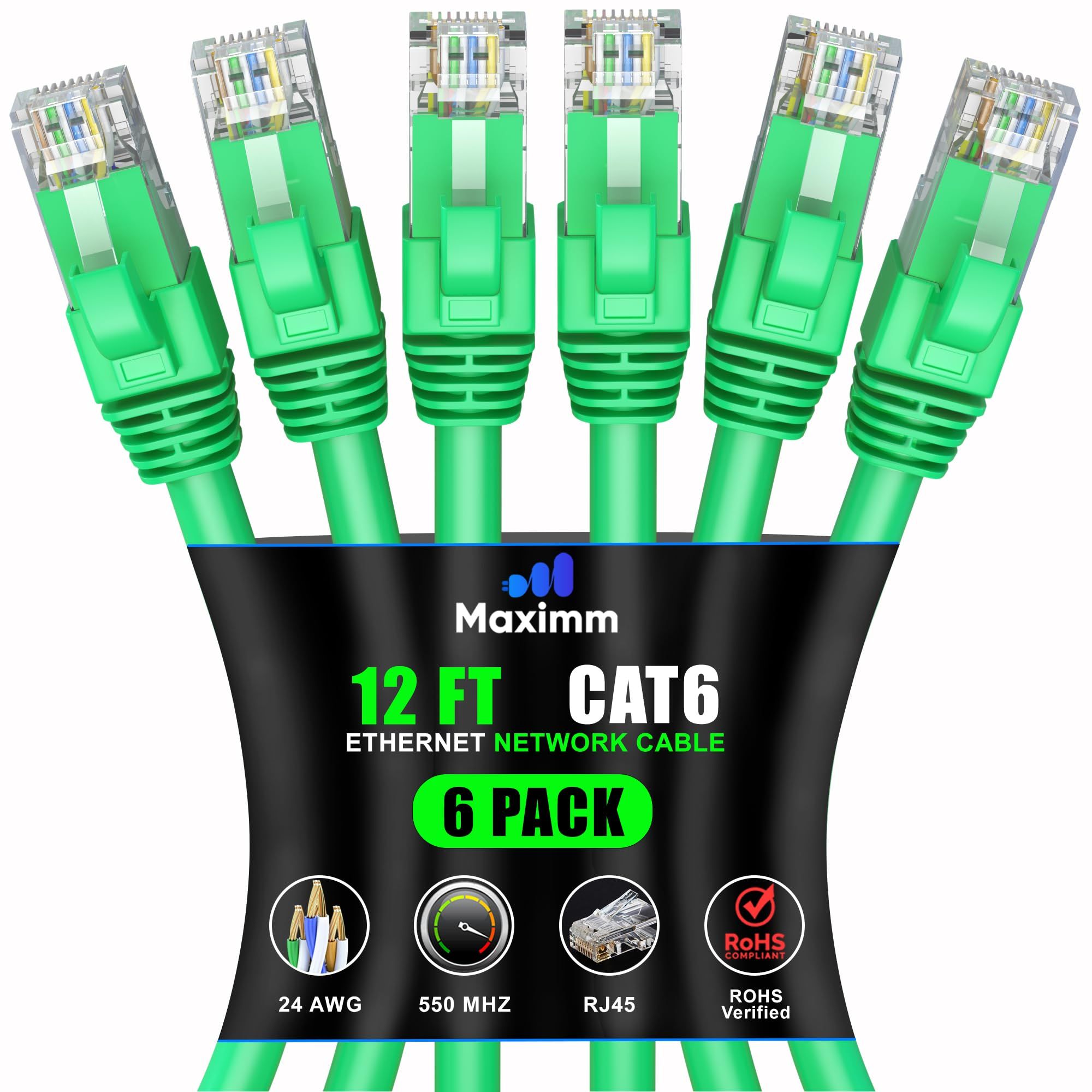 Maximm Cat 6 Ethernet Cable 12 ft (6-Pack) - High-Speed 10Gbps Network Cable, UTP, 550MHz - Green Patch Cord for Fast Internet