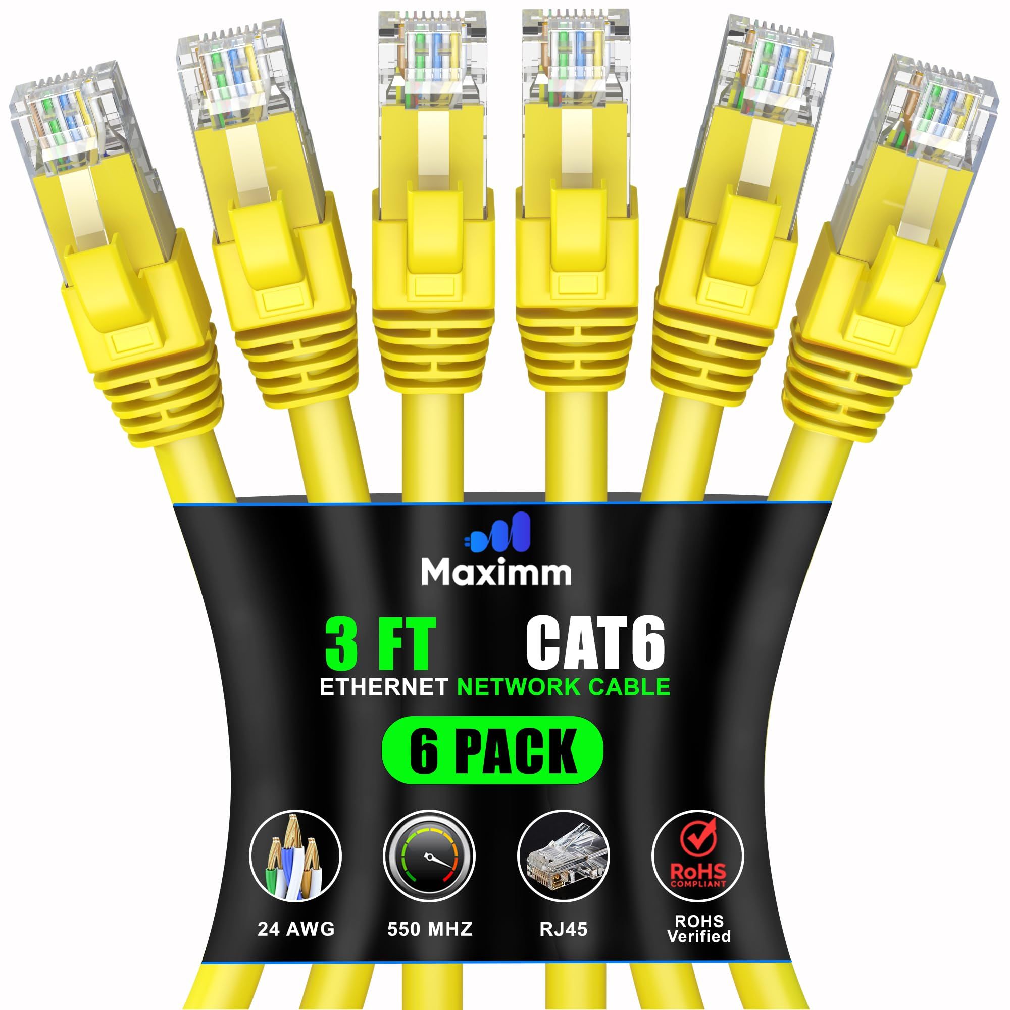 Maximm Cat 6 Ethernet Cable 3ft (6-Pack) - High-Speed 10Gbps LAN & Network Cable - Yellow UTP, 550MHz Patch Cord