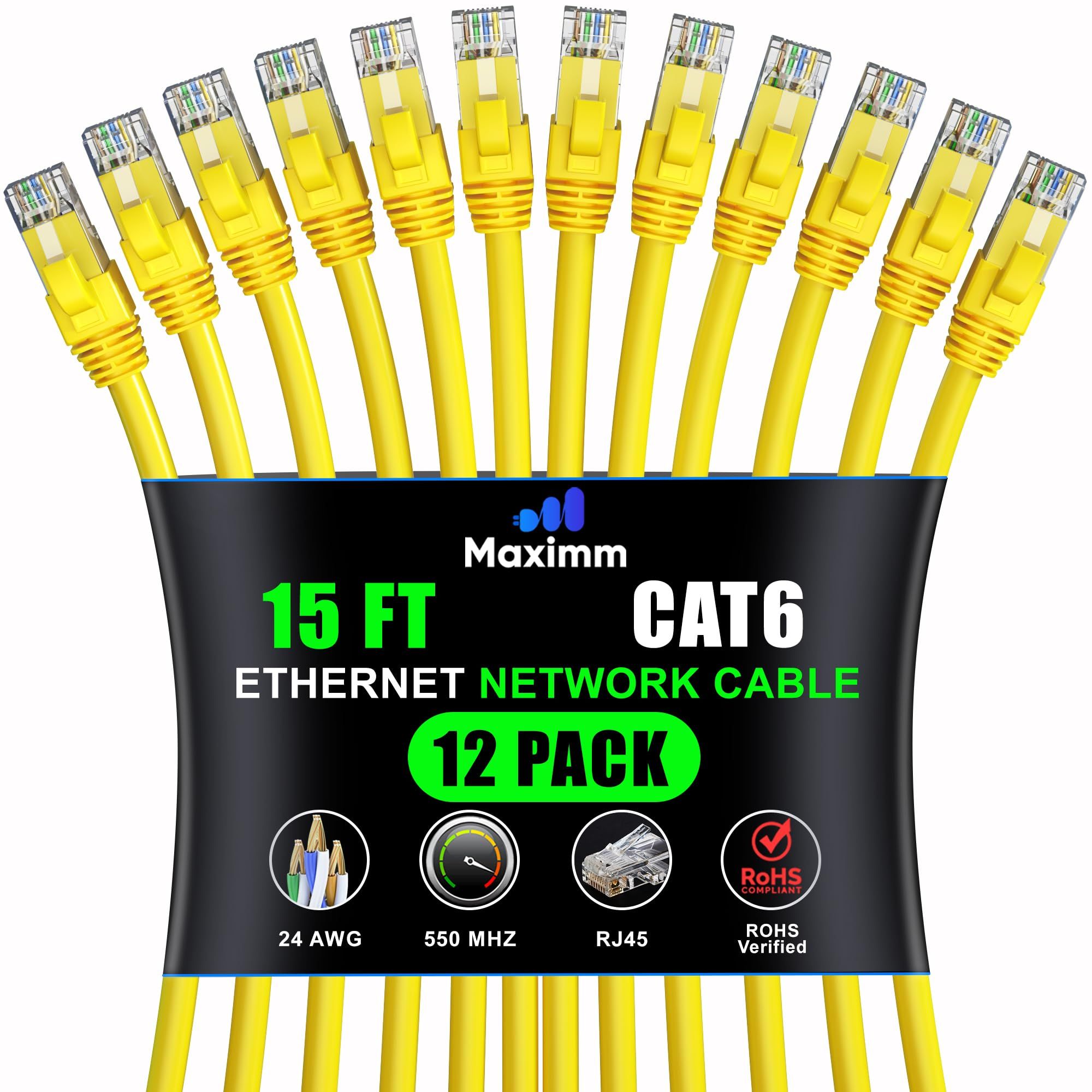Maximm Cat 6 Ethernet Cable 15 ft (12-Pack) - High-Speed 10Gbps LAN & Network Cables - Yellow UTP Patch Cords