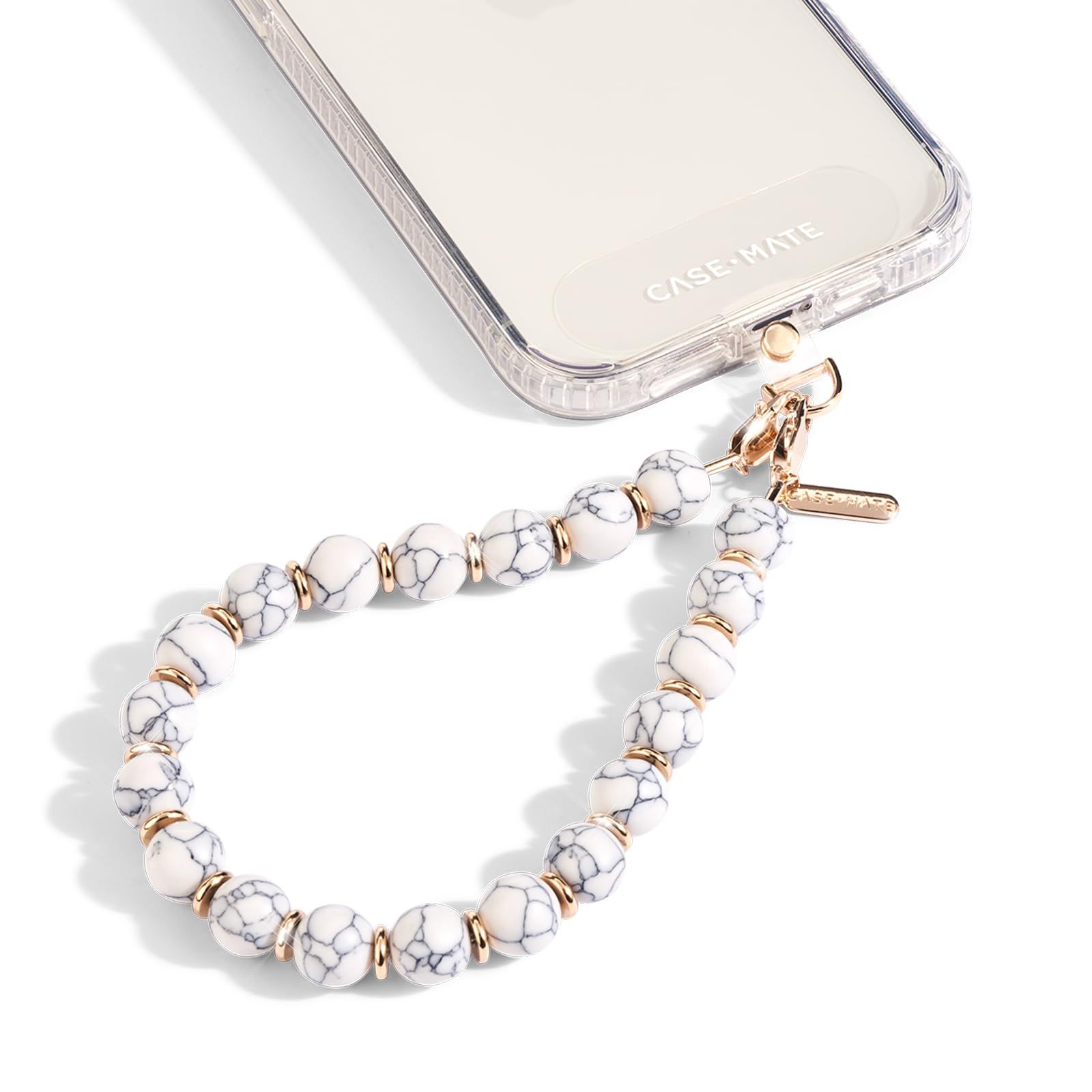 Case-Mate Beaded Marble Phone Charm & Anti-Theft Strap | Hands-Free Wristlet for iPhone, Samsung, Google Pixel - White Marble