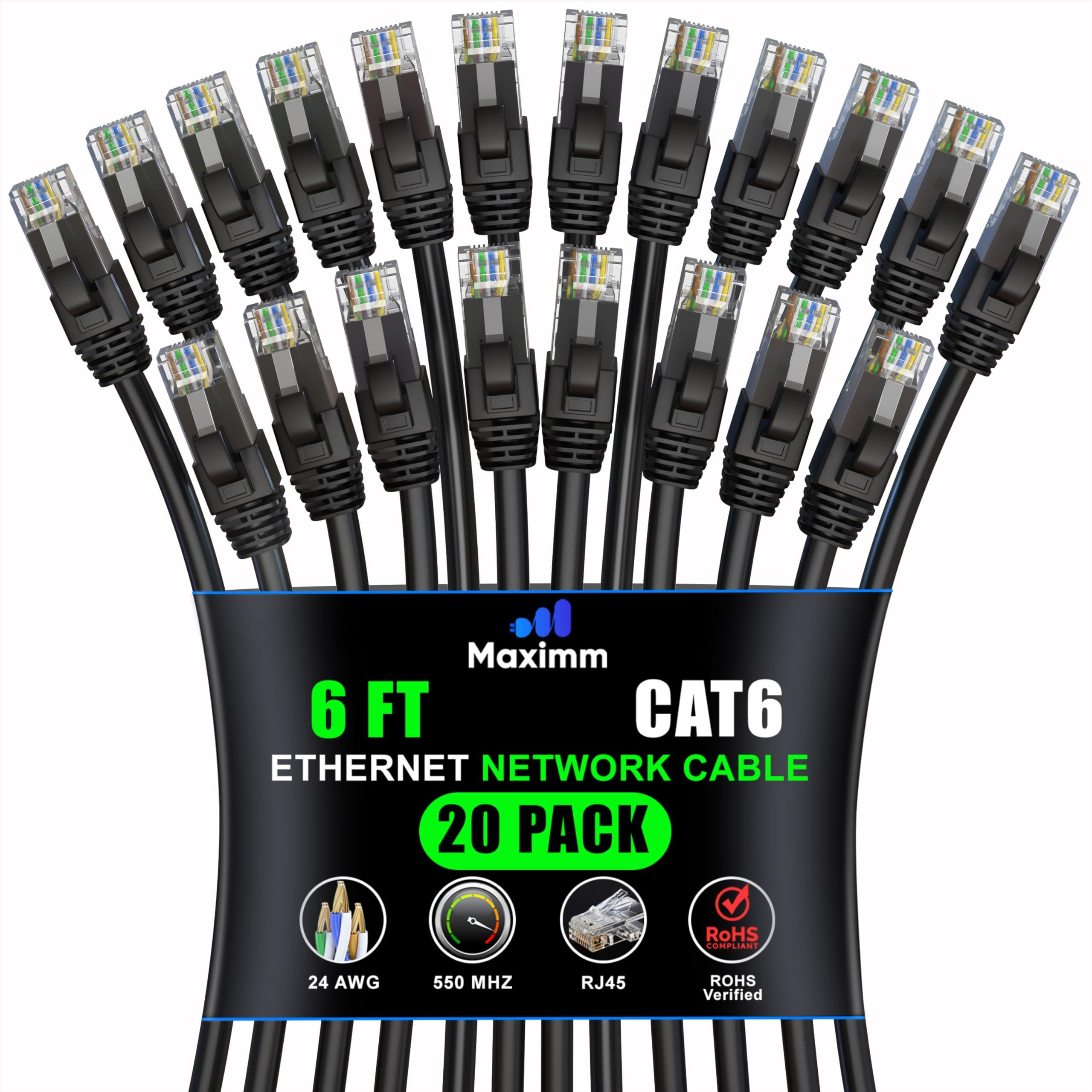 Maximm Cat 6 Ethernet Cable 6ft (20-Pack) - High-Speed 10Gbps LAN & Network Cables - UTP, 550MHz, Black