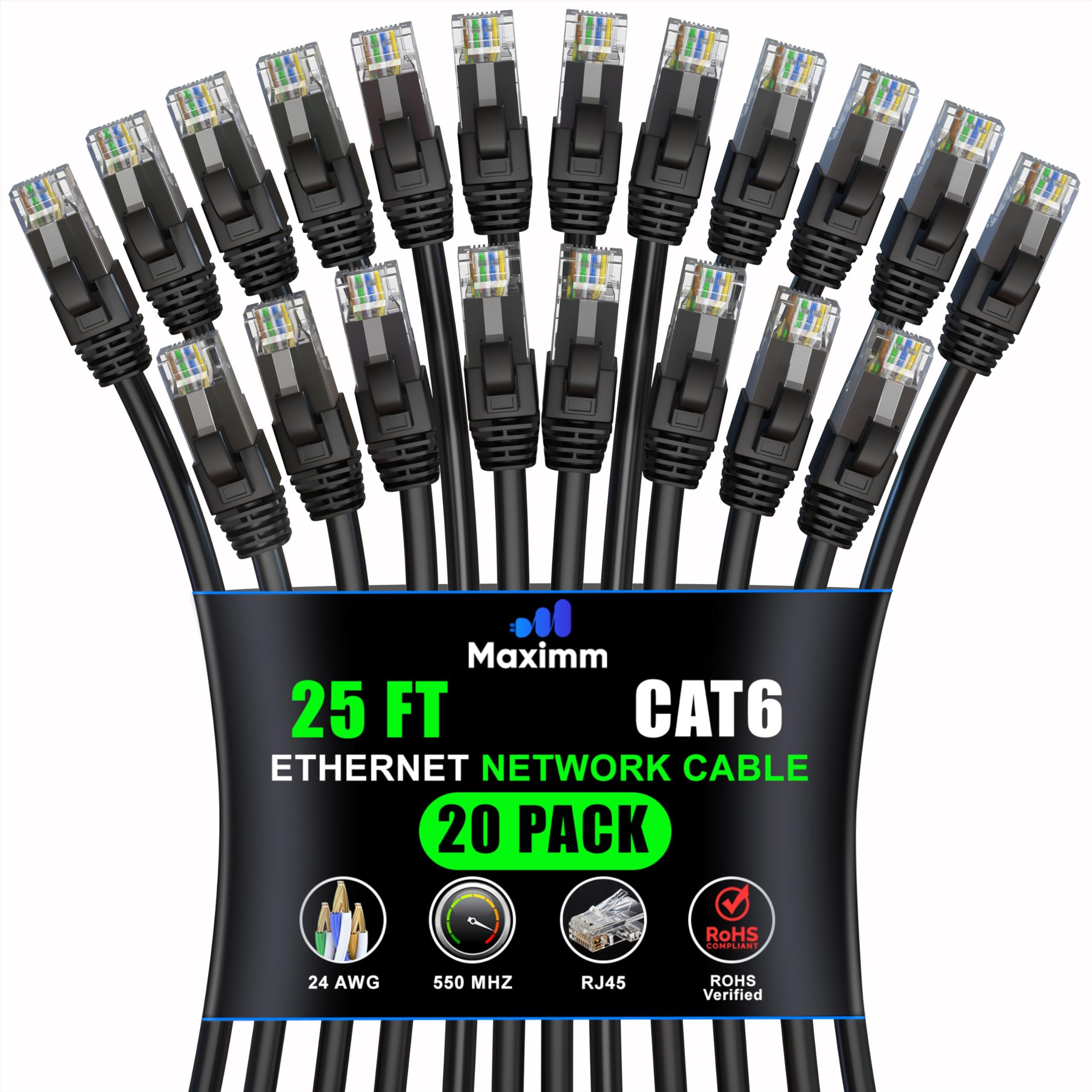Maximm Cat 6 Ethernet Cable 25 ft (20-Pack) - High-Speed 10Gbps LAN & Network Cables - UTP, 550MHz, Black