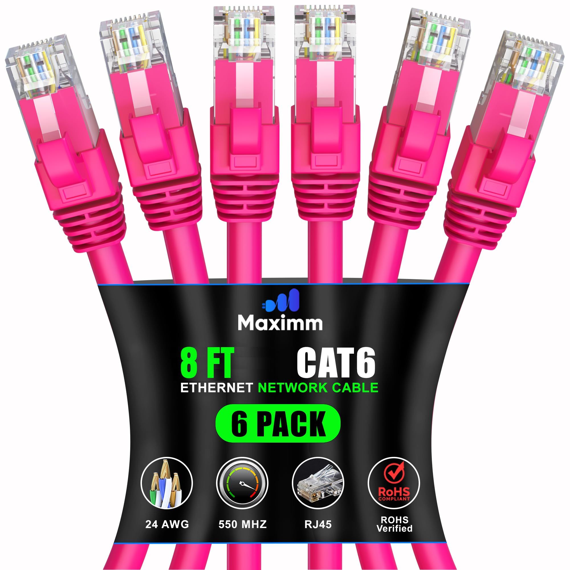 Maximm Cat 6 Ethernet Cable 8ft (6-Pack) - High-Speed 10Gbps LAN & Network Cable - Pink UTP Patch Cord