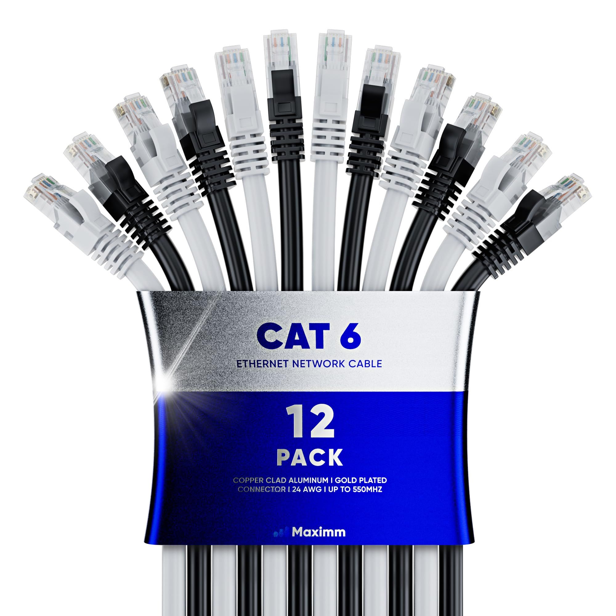 Maximm Cat 6 Ethernet Cable 3ft (12-Pack) - High-Speed 10Gbps LAN & Network Cables - UTP, 550MHz, Black & White