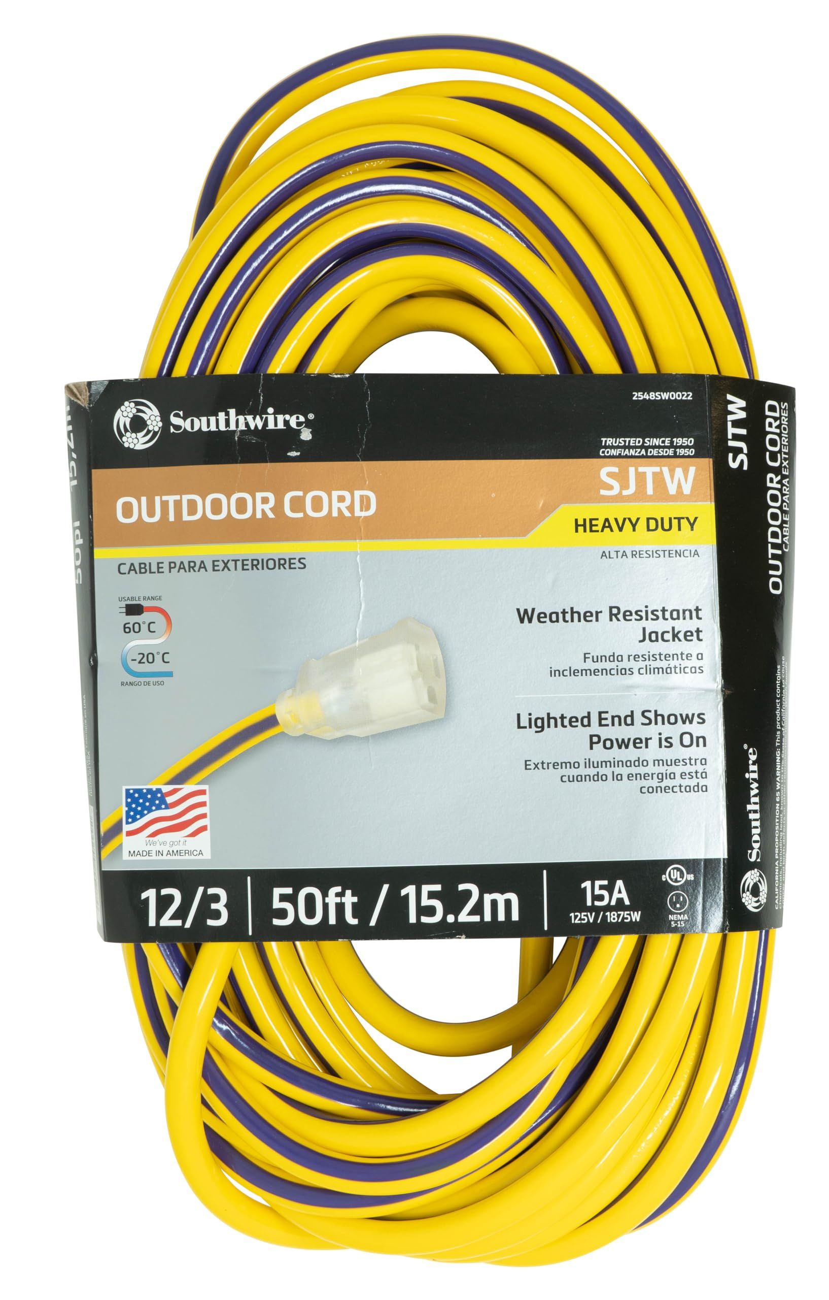 Southwire 2548SW0022 50-Foot 12/3 Outdoor Extension Cord - Durable Yellow/Purple, American Made