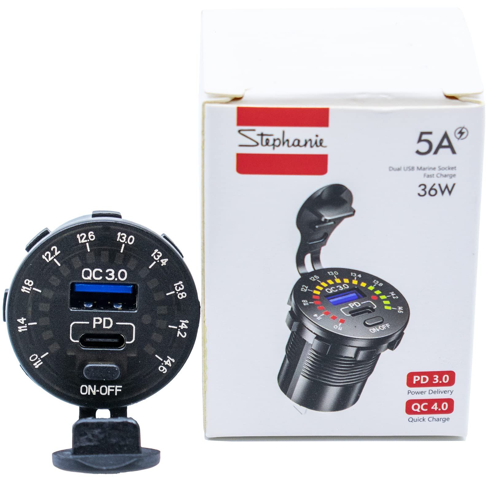 12/24V Dual USB Type C PD 3.0 Fast Charger with Voltmeter for Car, Boat & RV - 36W + 18W Power Switch