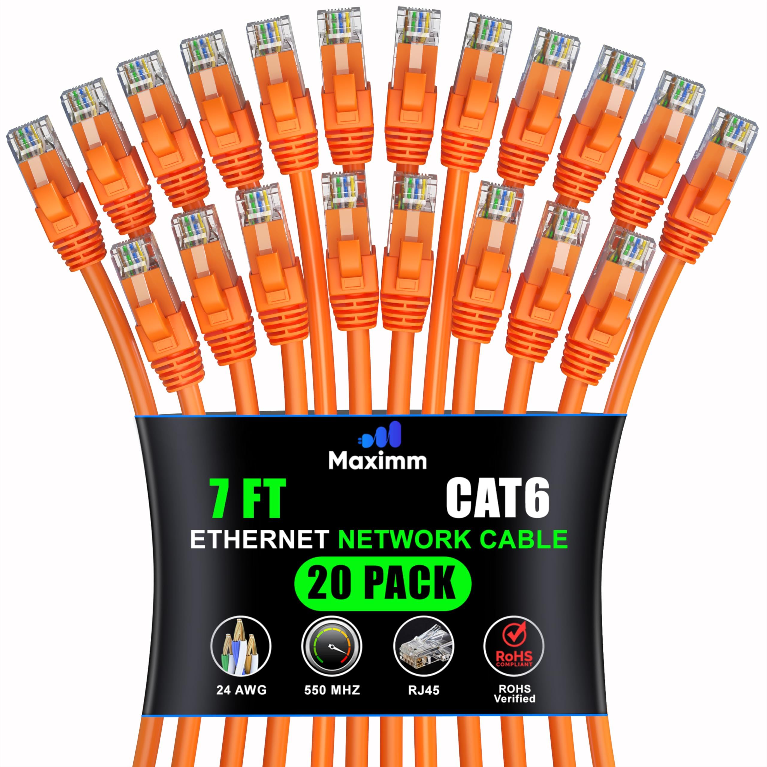 Maximm Cat 6 Ethernet Cable 7ft (20-Pack) - High-Speed 10Gbps LAN & Network Cables - UTP, 550MHz, Orange