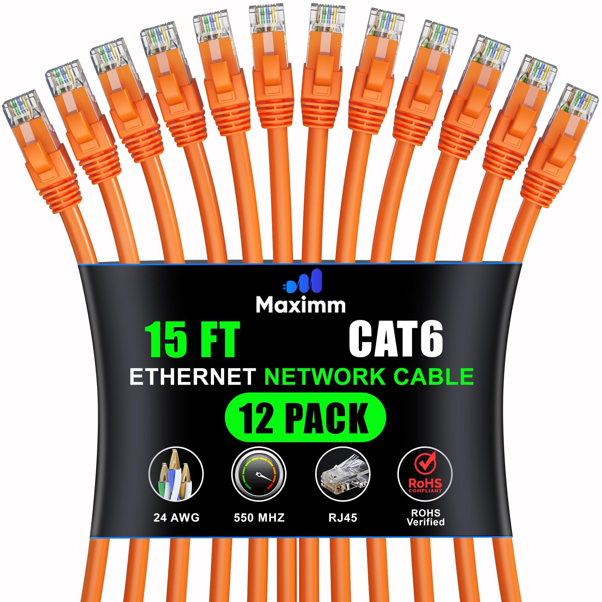 Maximm Cat 6 Ethernet Cable 15 ft (12-Pack) - High-Speed 10Gbps LAN & Network Cables - UTP, 550MHz, Orange