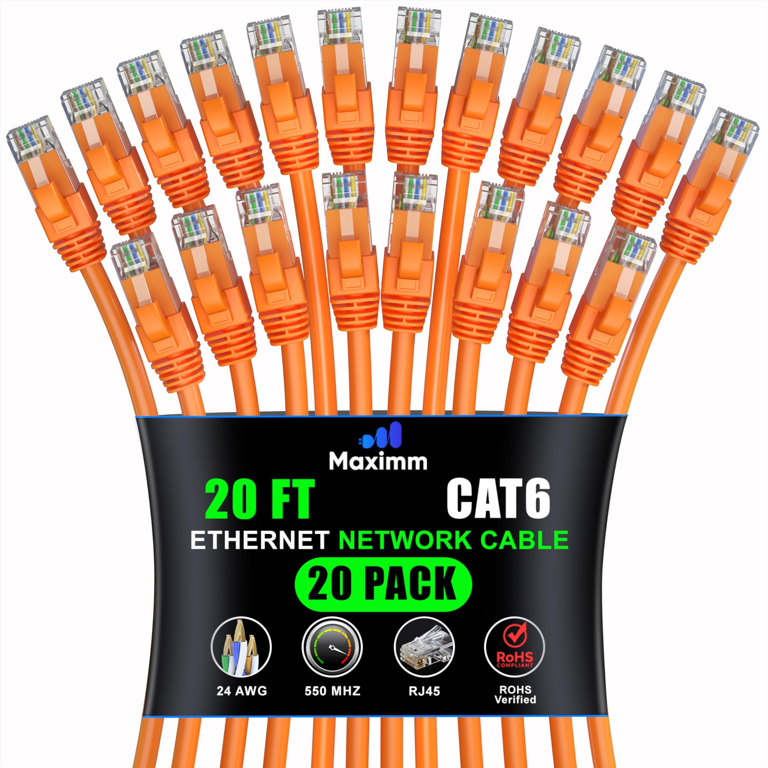 Maximm Cat 6 Ethernet Cable 20 ft (20-Pack) - High-Speed 10Gbps LAN & Network Cables - UTP, 550MHz, Orange