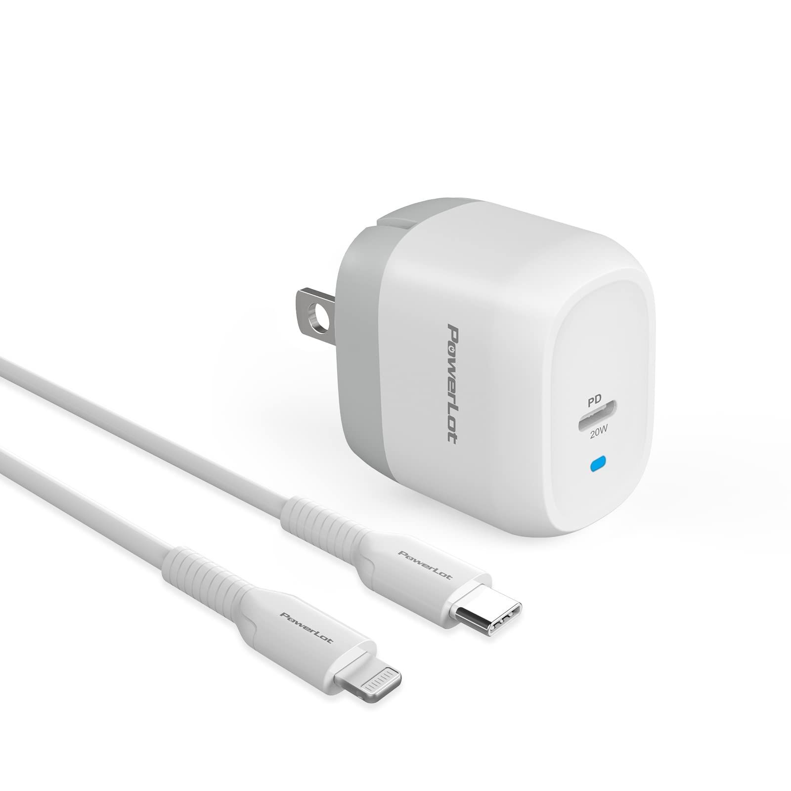 PowerLot 20W GaN USB-C Charger & 4ft Lightning Cable for iPhone 15/14/13/12, iPad Pro, AirPods - MFi Certified & Foldable