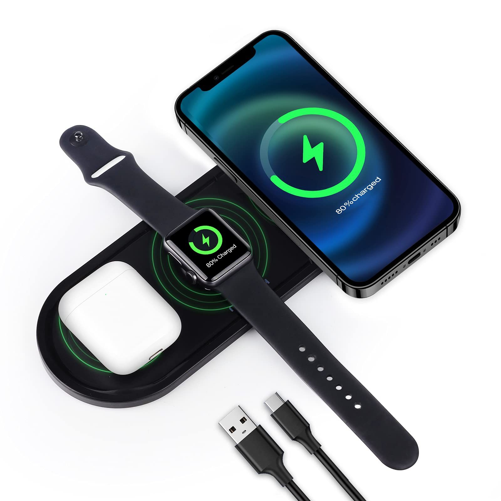 KingTSYU 3-in-1 Wireless Charger for iPhone, AirPods & Apple Watch - Travel-Friendly Charging Station
