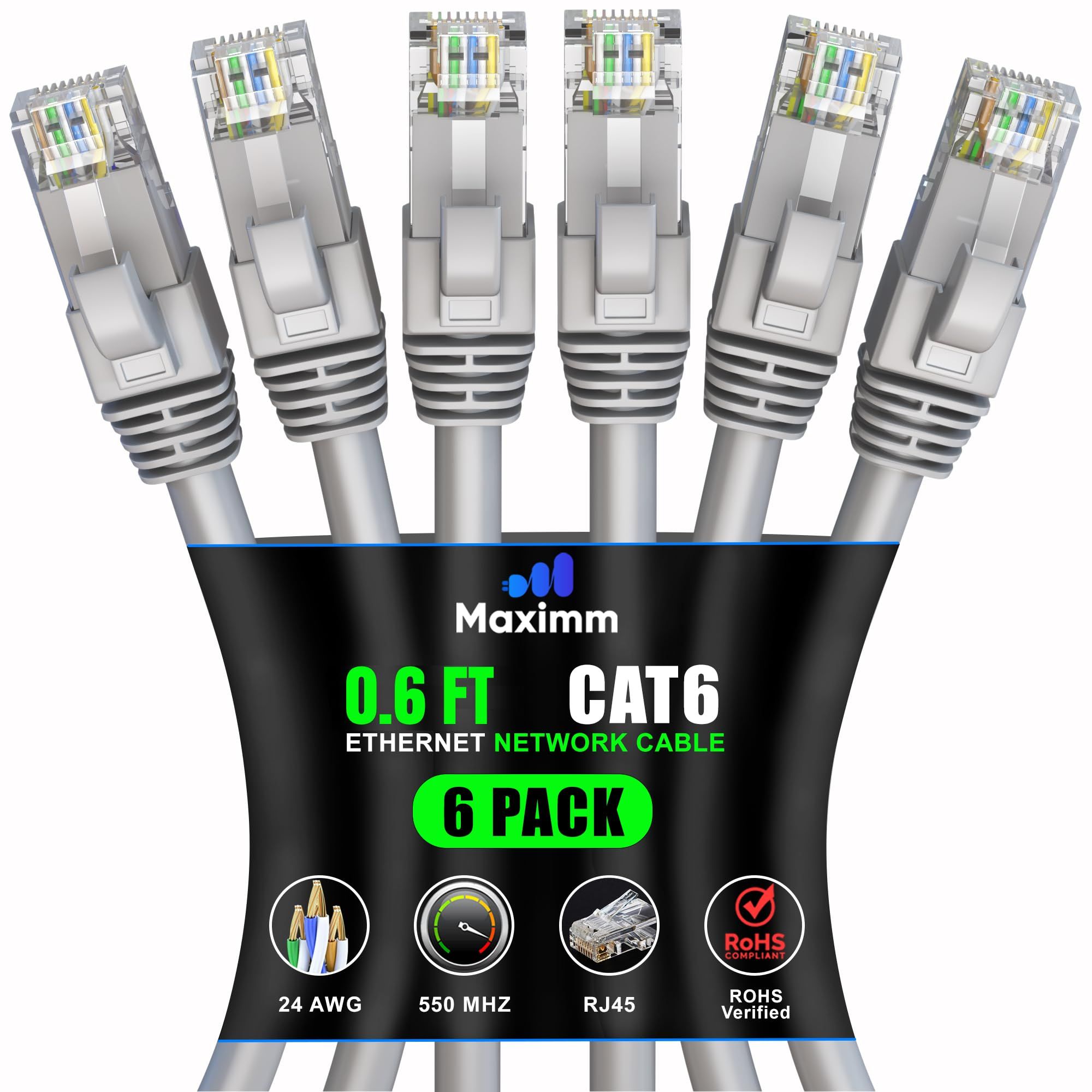 Maximm Cat 6 Ethernet Cable 0.6 ft (6-Pack) - High-Speed 10Gbps LAN & Network Cables - UTP, 550MHz, Gray
