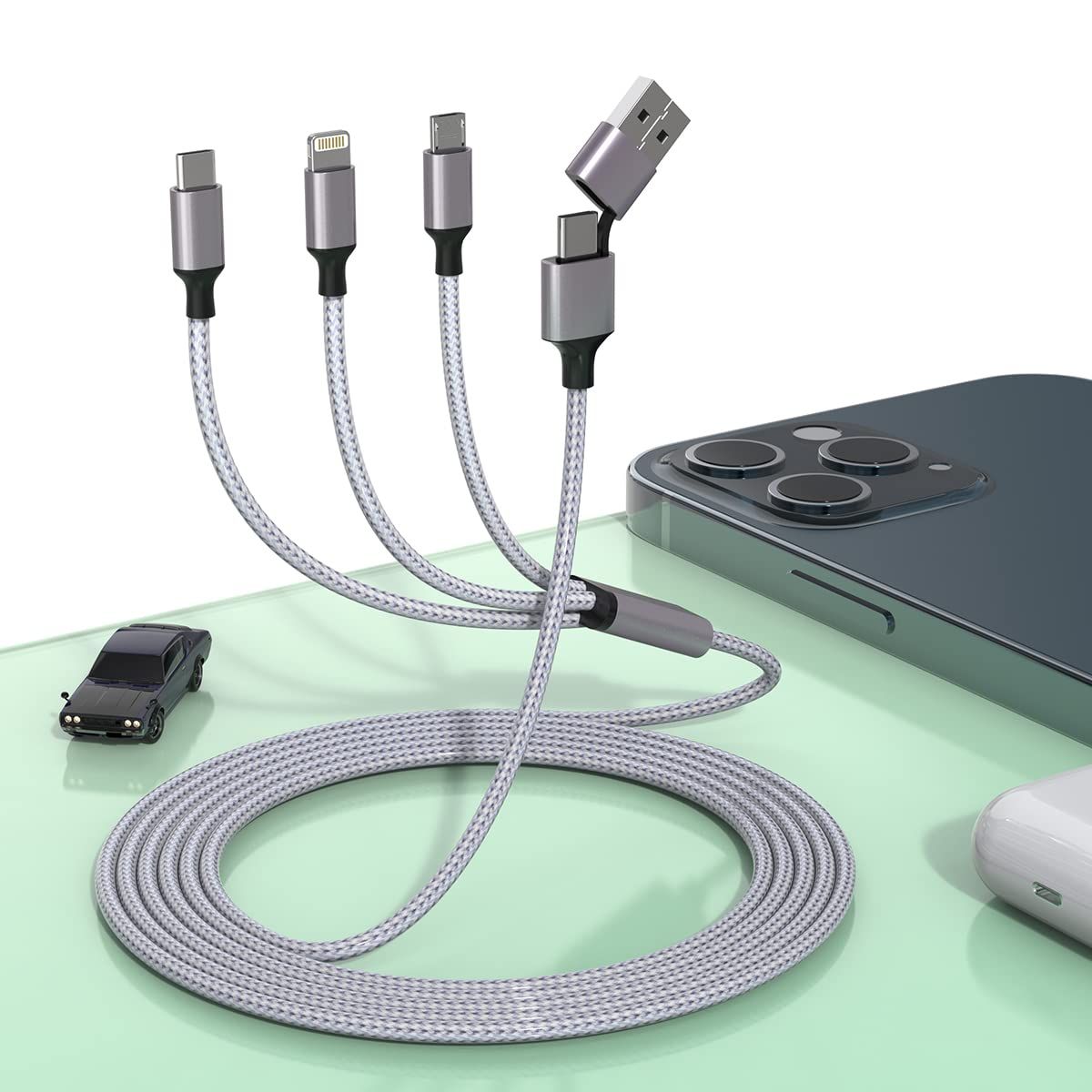 5-in-1 Fast Charge USB Cable: 1.8M Nylon Braided Adapter for iPhone, Android, Samsung & More