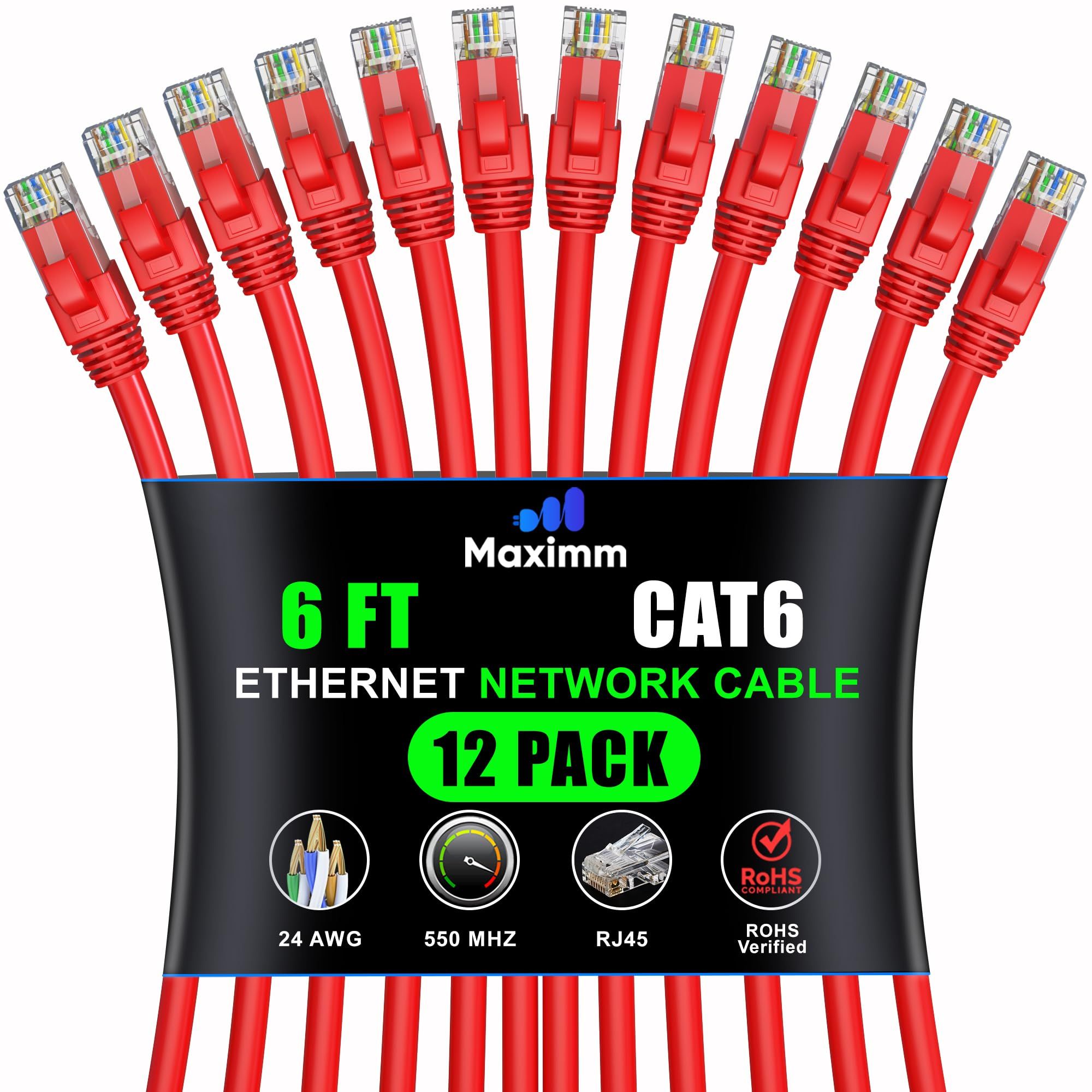 Maximm Cat 6 Ethernet Cable 6ft (12-Pack) - High-Speed 10Gbps LAN & Network Cable - Red UTP Patch Cord