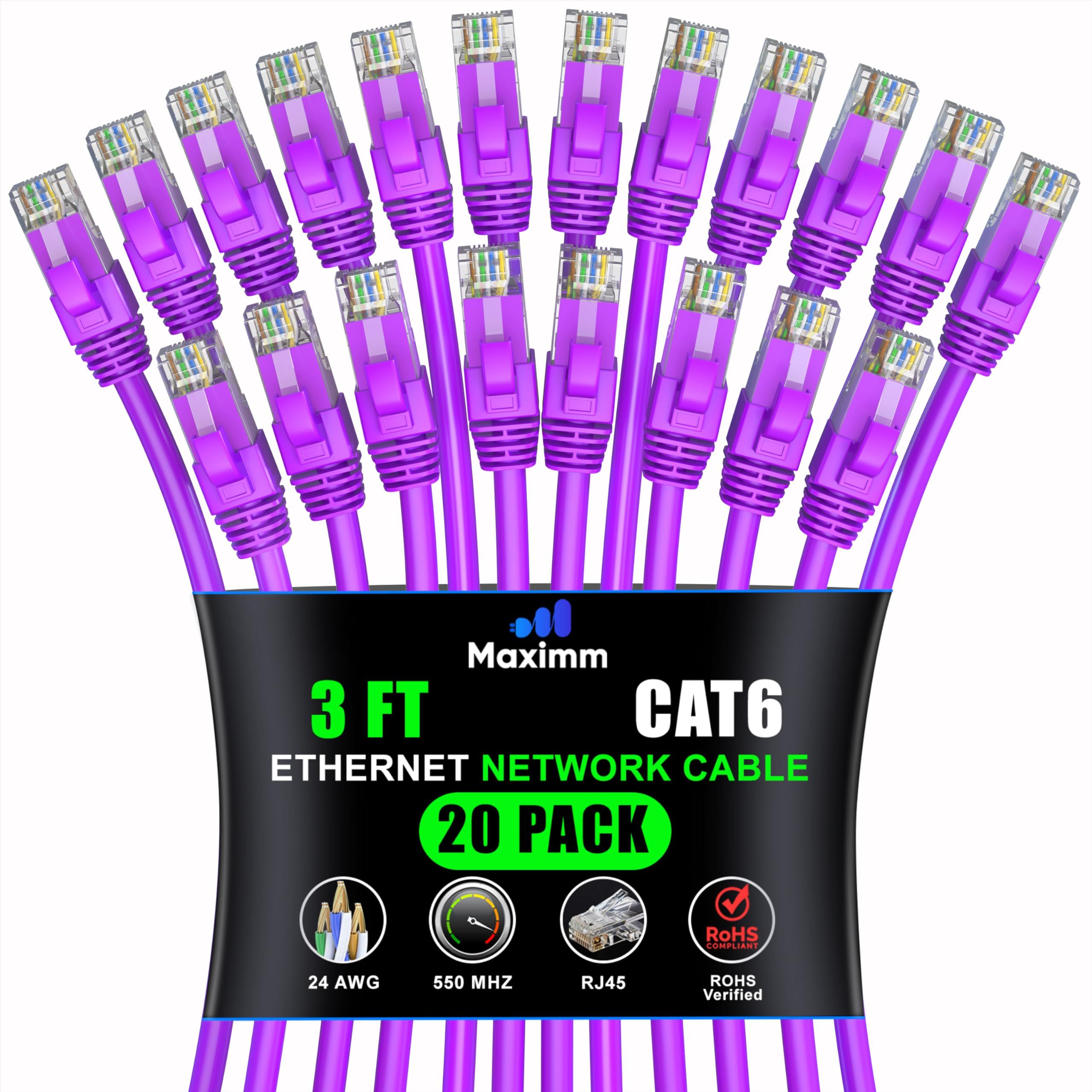 Maximm Cat 6 Ethernet Cable 3ft (20-Pack) - High-Speed 10Gbps LAN & Network Cables - Purple UTP Patch Cords