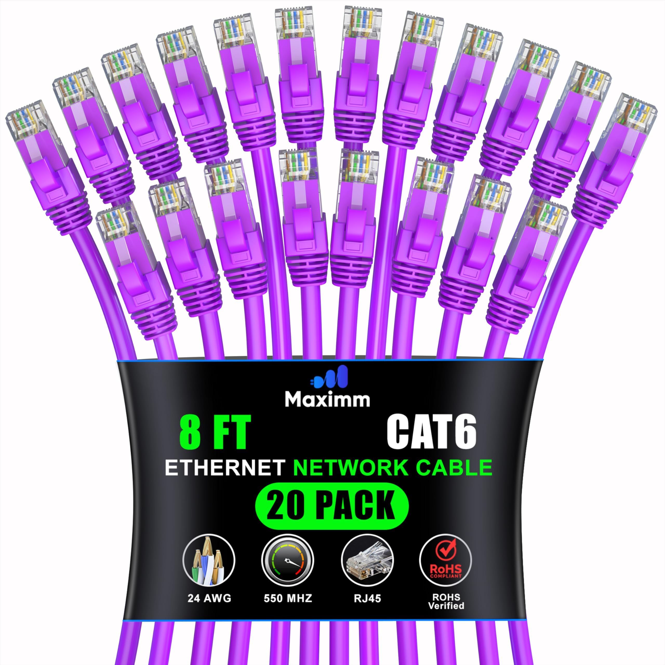 Maximm Cat 6 Ethernet Cable 8ft (20-Pack) - High-Speed 10Gbps LAN & Internet Patch Cables - Purple UTP, 550MHz Network Cord
