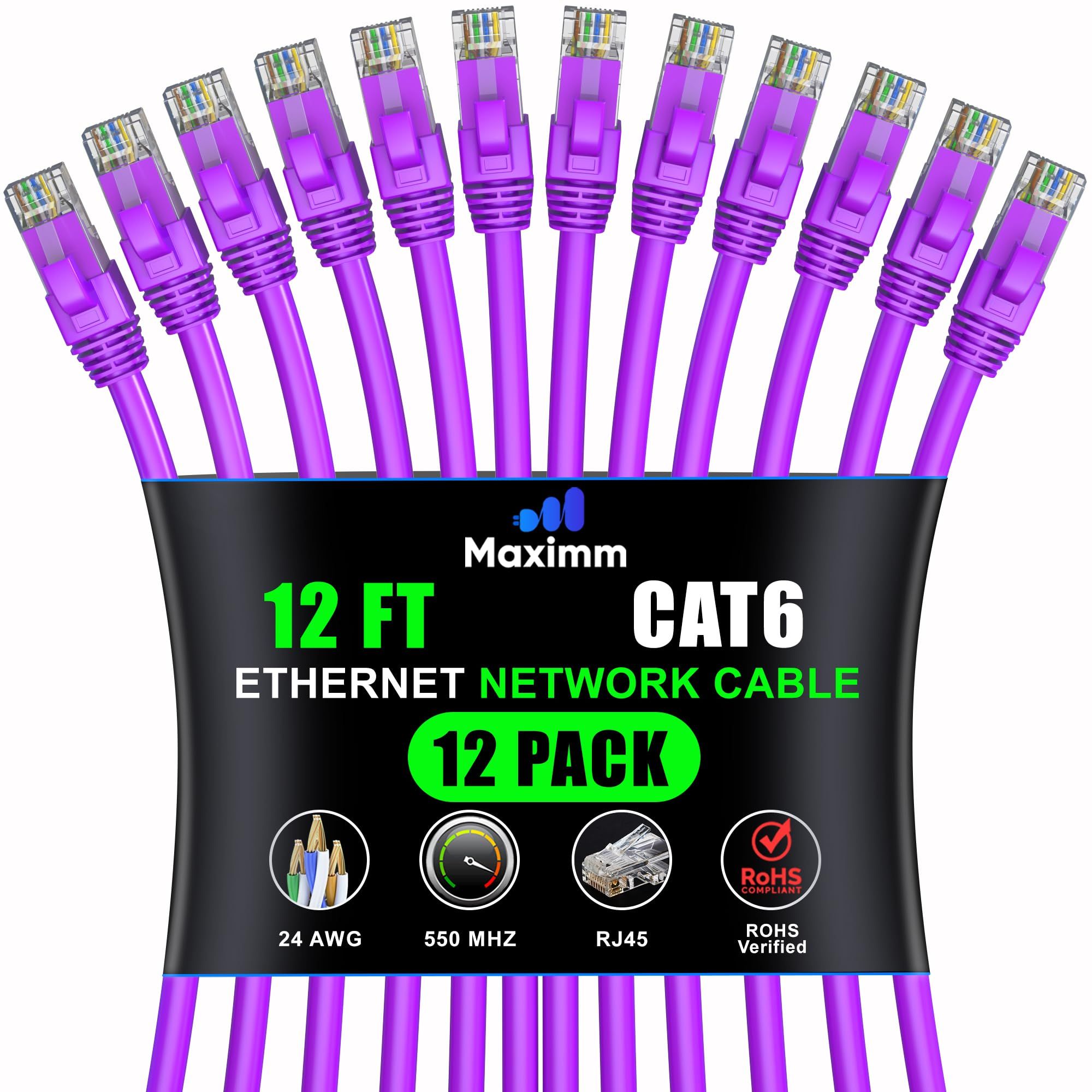 Maximm Cat 6 Ethernet Cable 12 ft (12-Pack) - High-Speed 10Gbps Network Cable, UTP, 550MHz - Purple Patch Cord