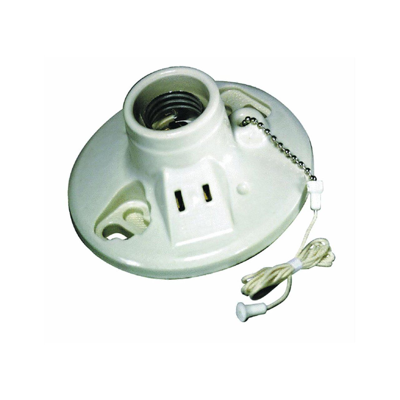 Leviton 9716-C Porcelain Outlet Box with Pull Chain Lampholder - White, Side Wired, 2 Wire Design