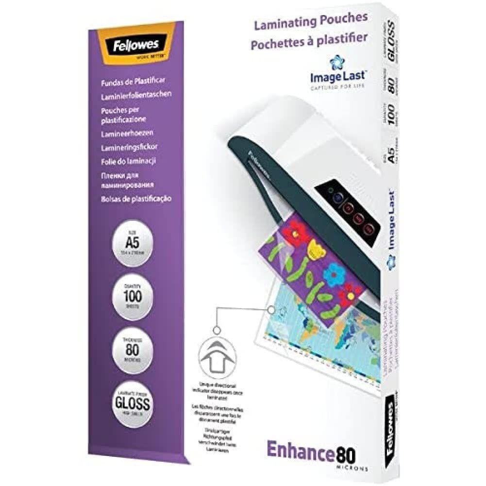 Fellowes Enhance A5 Laminating Pouches 80 Micron - 100 Pack, Crystal Clear Protection for Your Documents
