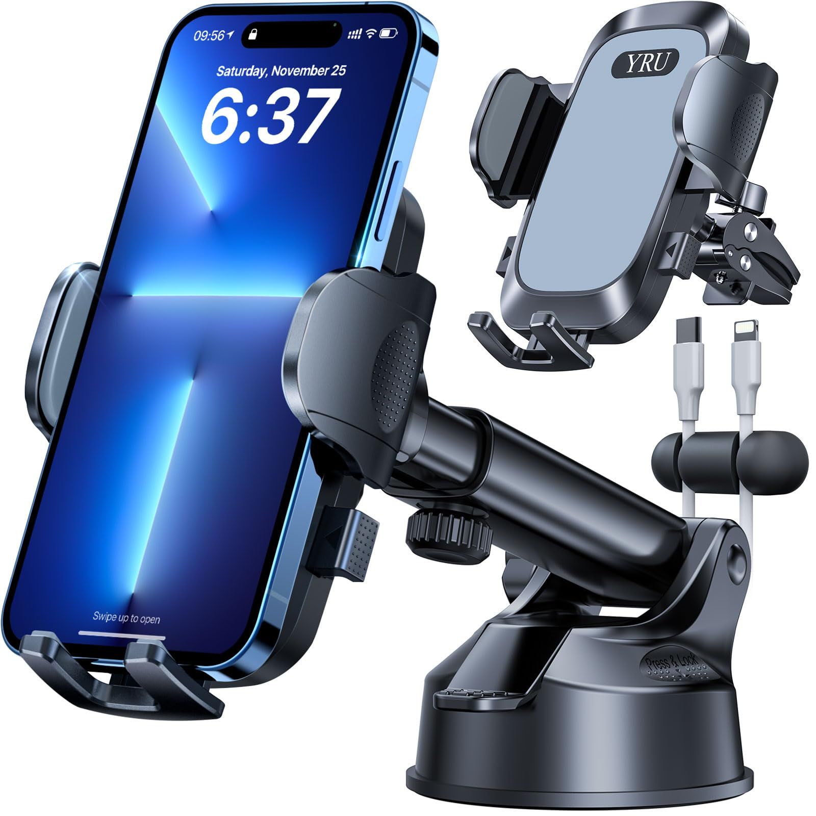 YRU 2024 Upgrade 80LBS Car Phone Holder - Stable Dashboard & Windshield Mount for iPhone 15/14/13 Pro Max & Samsung