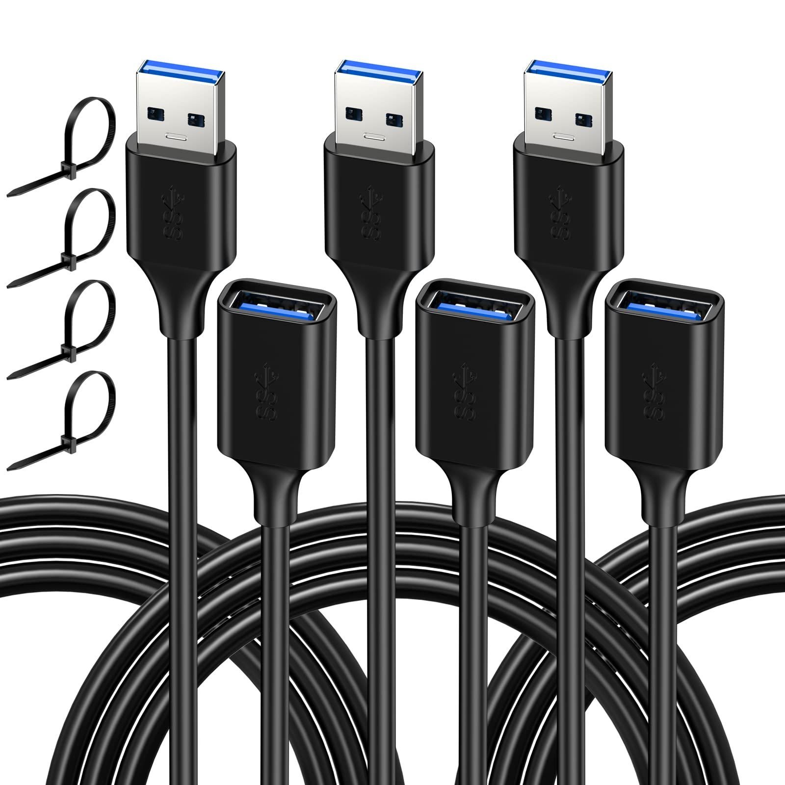 USB Extender Cord 13FT (3 Pack) - USB 3.0 Extension Cable for Flash Drives, Hard Drives, Printers & More