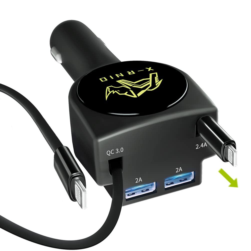 Fast Dual Retractable Car Charger for iPhone & Cell Phones - 2.4A 44W, 3Ft Cables, 2 USB Ports - X-Rnio Adapter