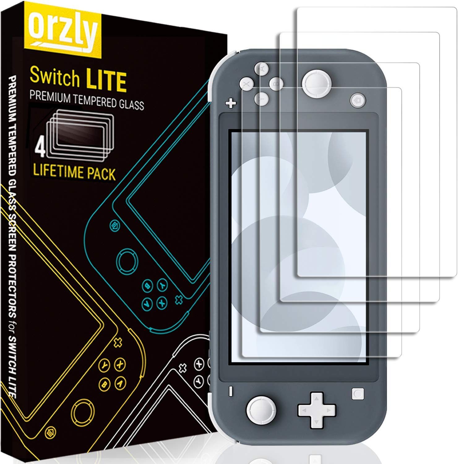 Orzly Tempered Glass Screen Protector for Nintendo Switch Lite 2019 - 4 Pack, Easy Install, Anti-Scratch, No Bubbles