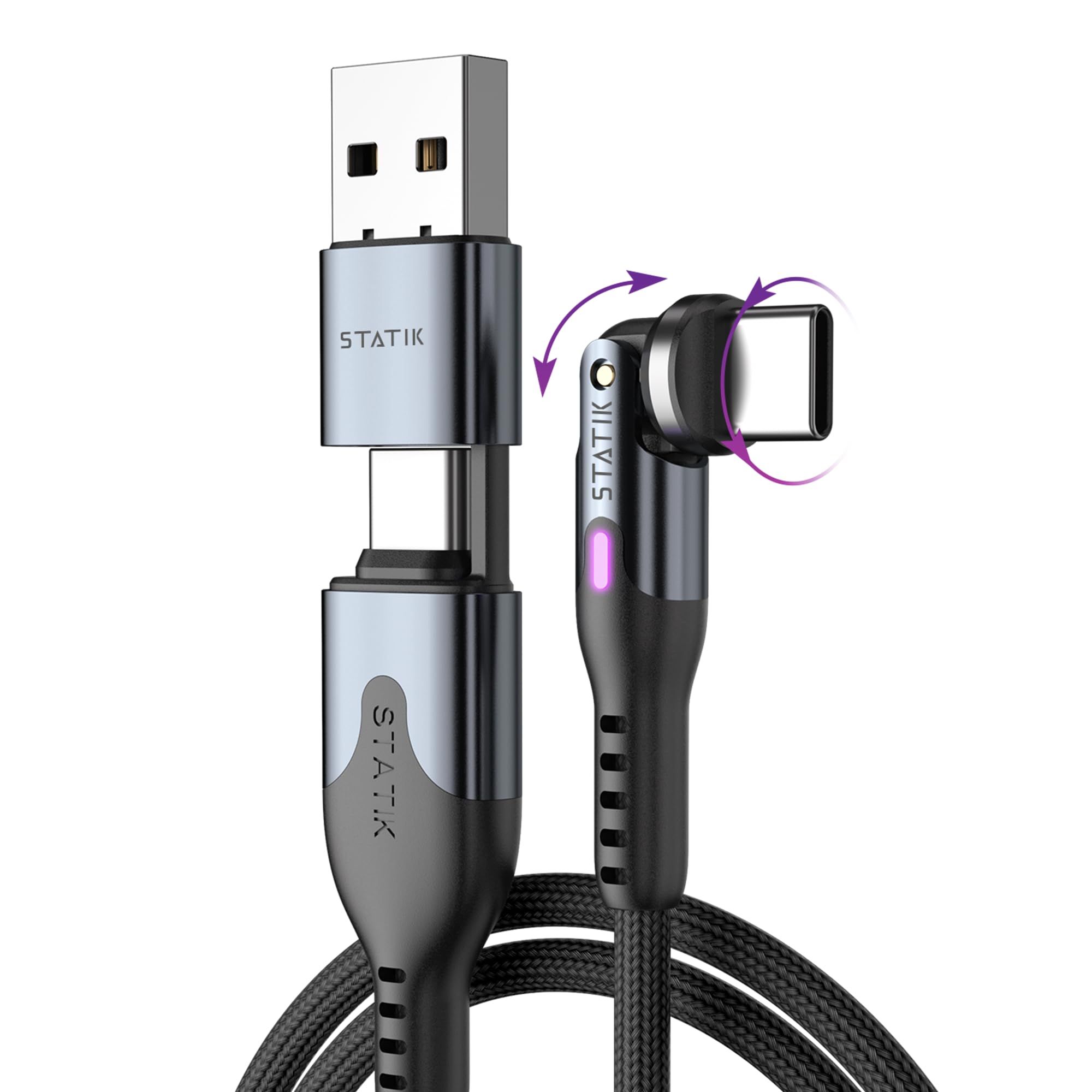 Statik PowerPivot Pro 100W USB C Fast Charging Cable - 6FT Right Angle Swivel Head Charger & Data Transfer Cord