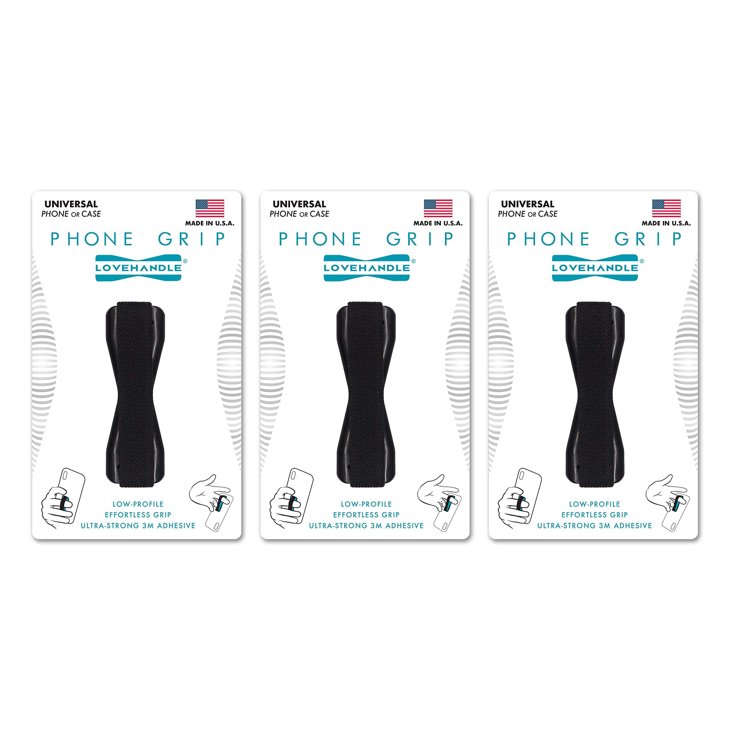 LOVEHANDLE Universal Phone Grip - Pack of 3 for Smartphones & Mini Tablets, Black Elastic Strap & Base