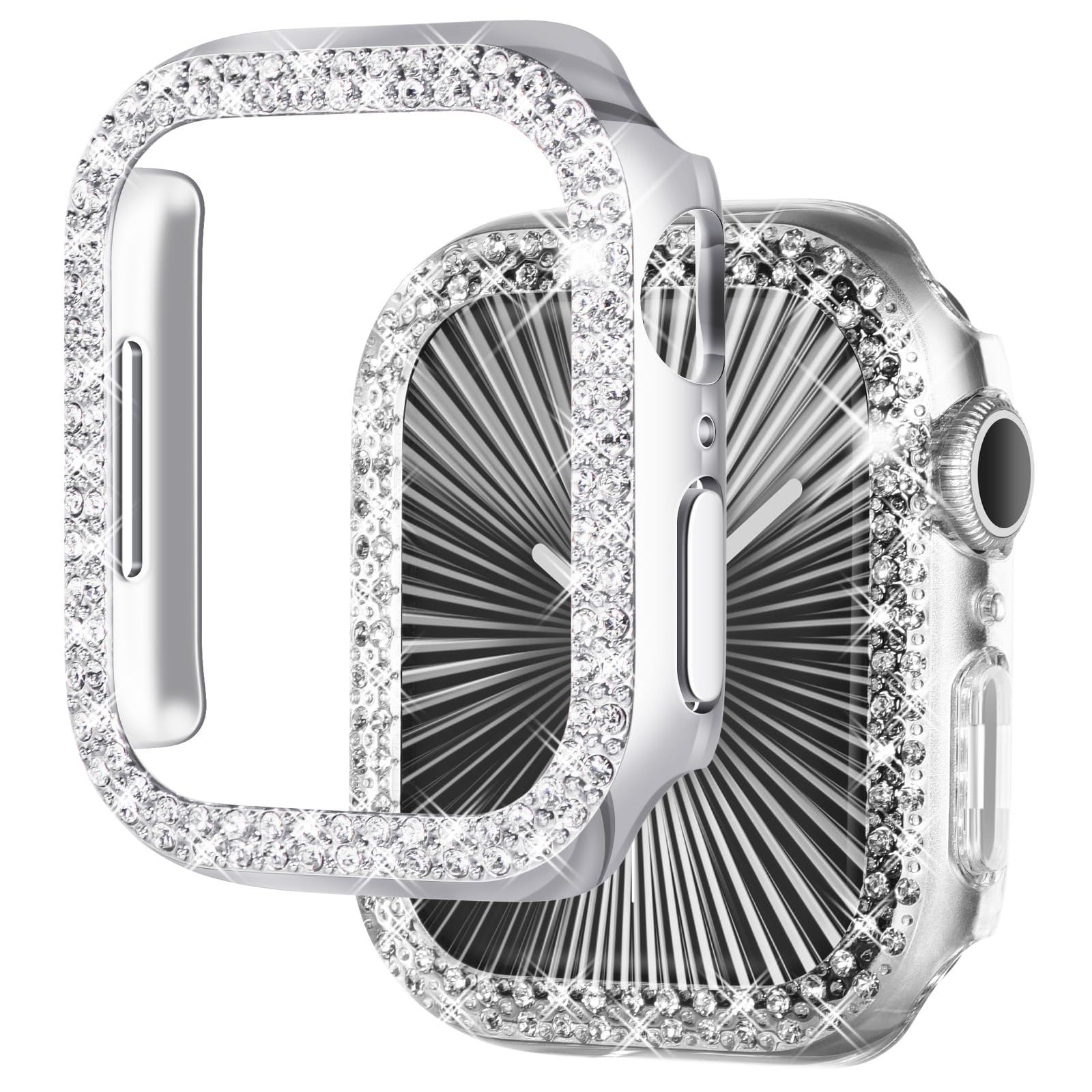 NewWays 2-Pack Bling Apple Watch Cases 44mm SE Series 4/5/6 - Stylish Protective Bumper (Silver/Clear)