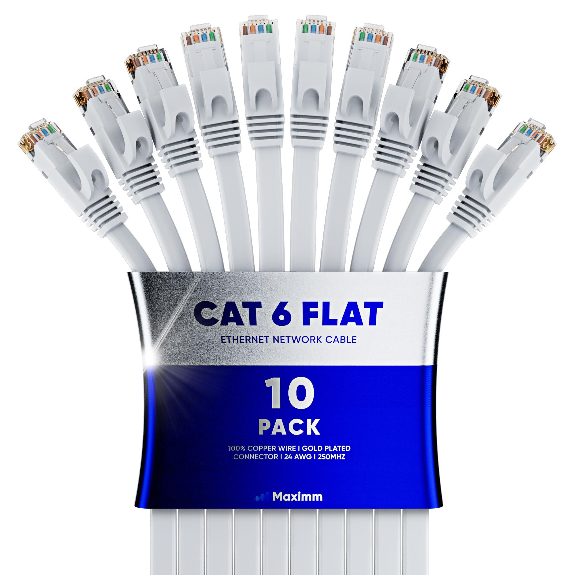 Cat 6 Ethernet Cable 20ft - Flat Design, High-Speed LAN Patch Cable for Gaming & Streaming - 10 Pack, White