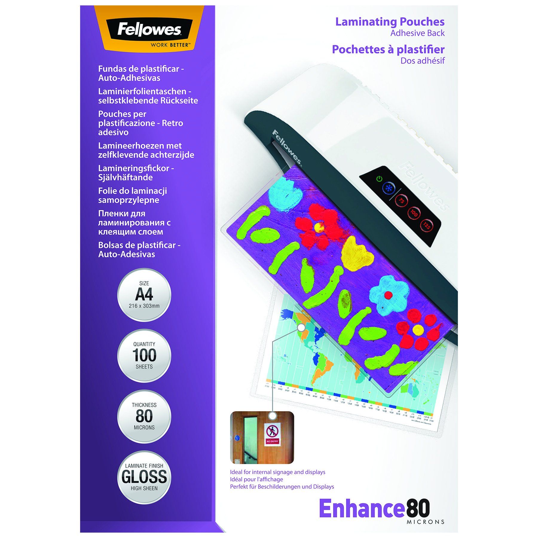 Fellowes A4 Gloss Laminating Pouches 160 Micron - 100 Pack, Self Adhesive & Clear for Perfect Protection