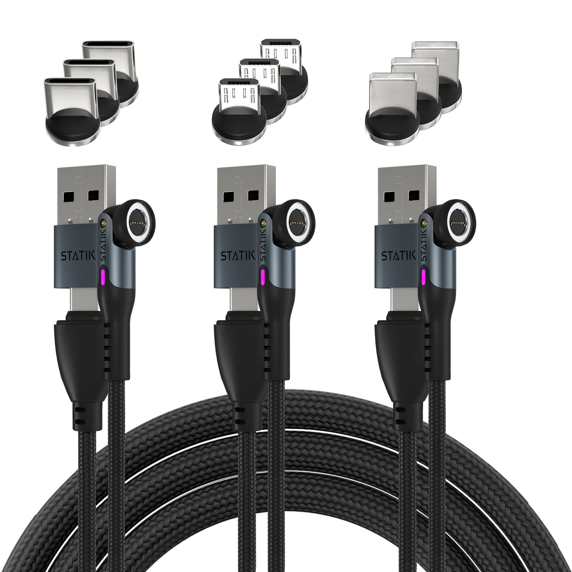 Statik 360 Pro Magnetic Charging Cable 3 Pack - 100W Fast USB C, Micro-USB & USB-A Charger - 3FT/1M Black