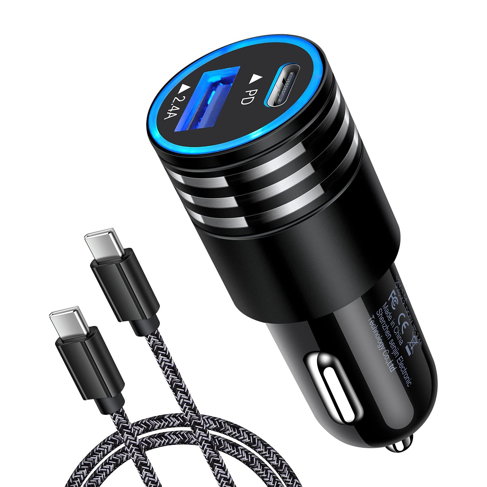 30W Fast Charge USB C Car Charger for Google Pixel & Samsung Galaxy - Type C to C Cable Included
