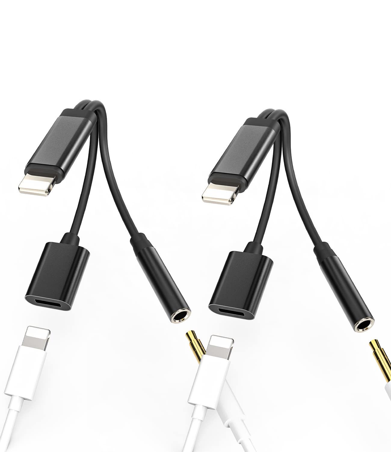 Lightning to 3.5mm Headphone Adapter for iPhone 7-13 - 2-Pack AUX Dongle & Charger, MFI Certified Audio Jack Converter