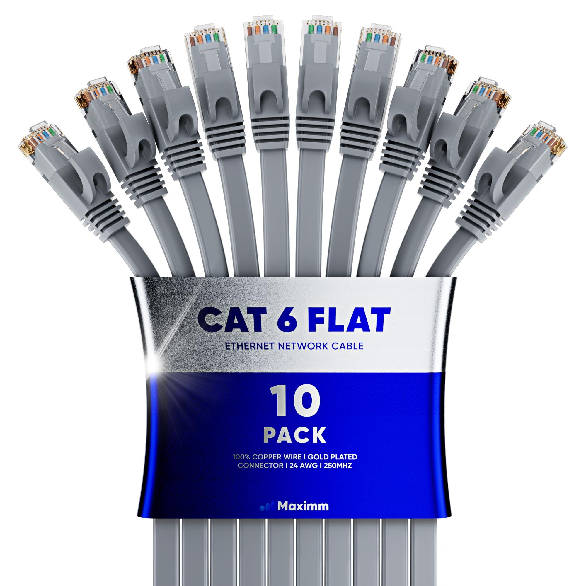 10ft Cat 6 Ethernet Cable - Flat Design, High-Speed LAN Patch Cable for Gaming & Streaming - 10 Pack, Gray