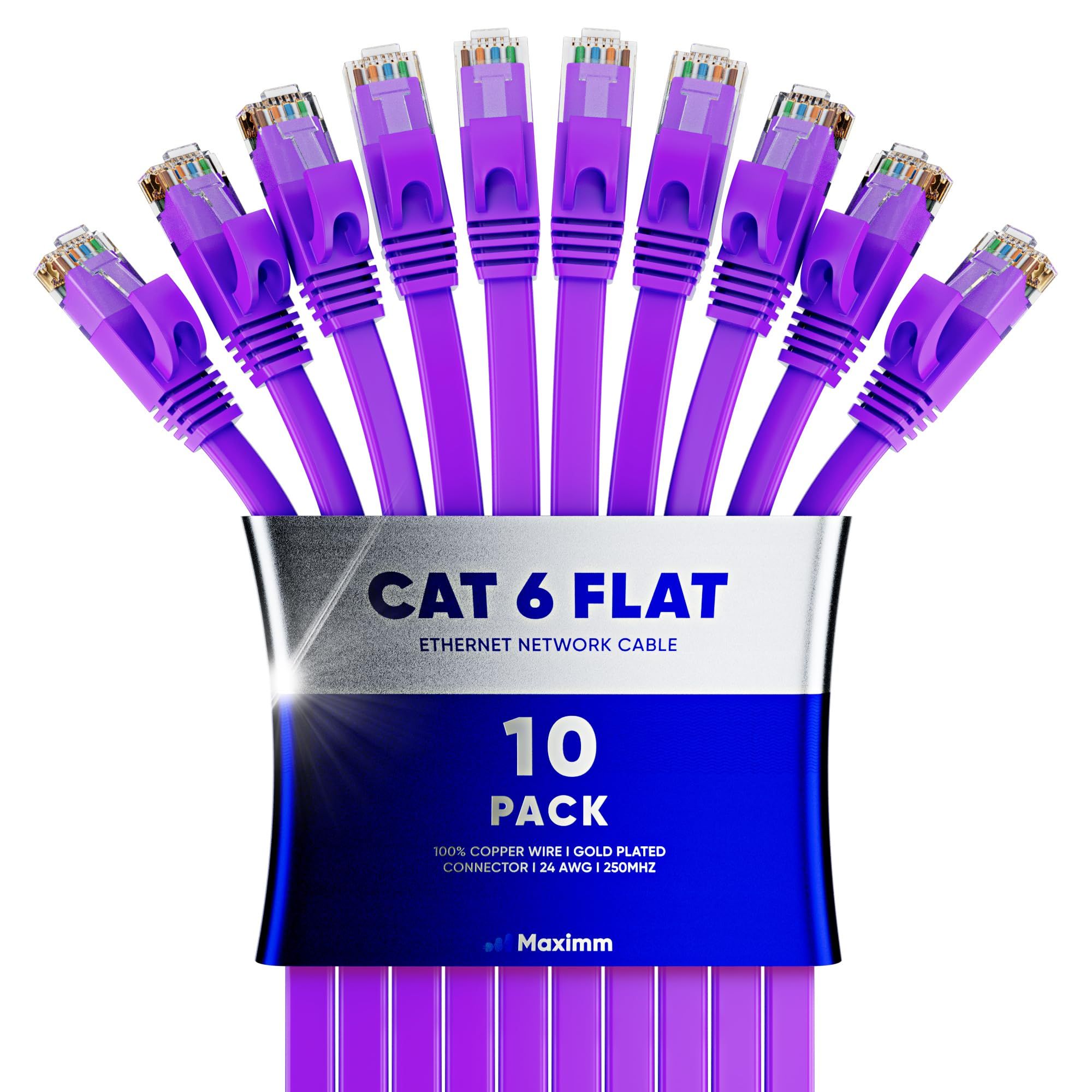 Cat 6 Ethernet Cable 2ft - Flat Design, High-Speed LAN Patch Cable, RJ45 Connectors - Ideal for Gaming & Streaming (10 Pack, Blue)