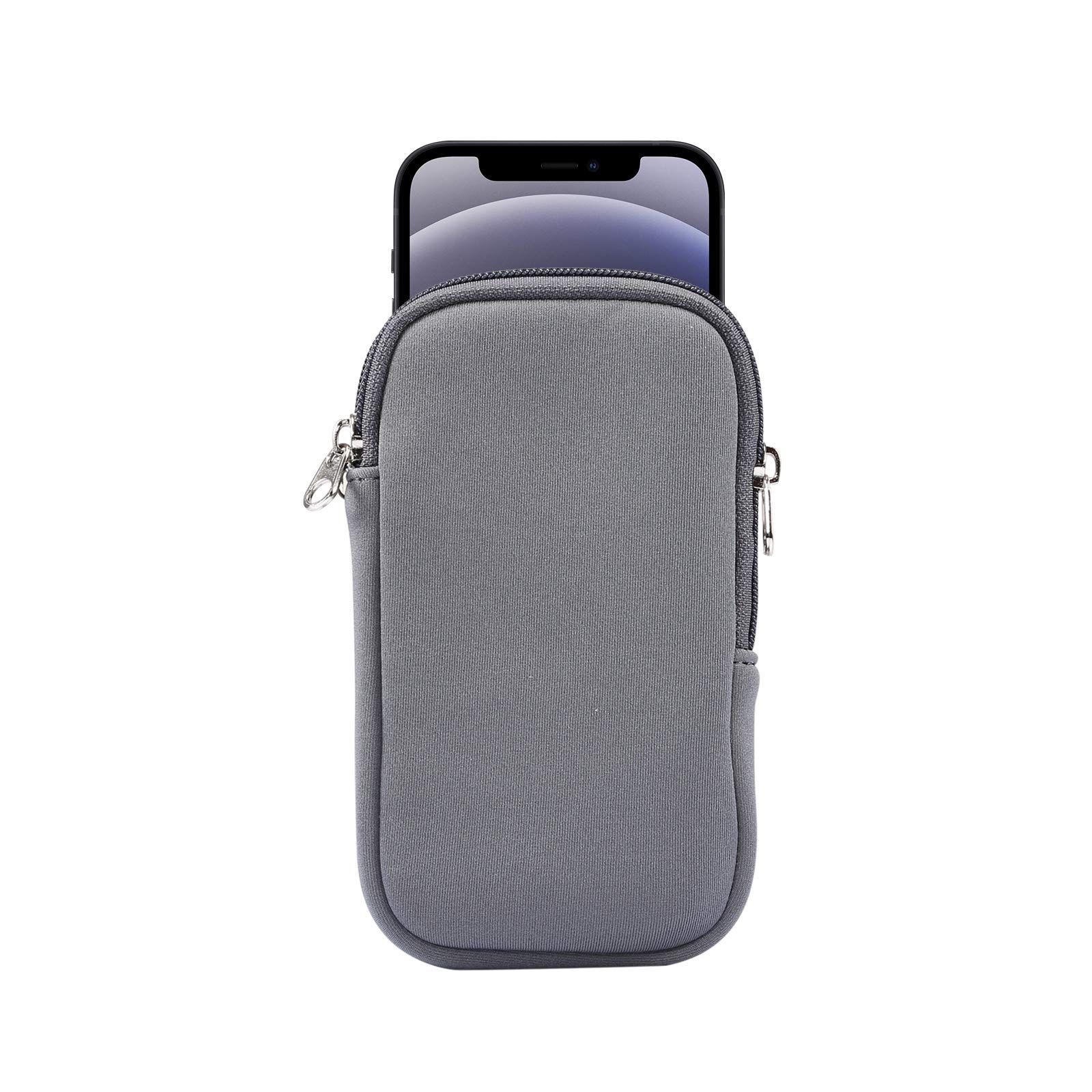 Neoprene Cell Phone Sleeve & Zip Wallet Pouch with Neck Strap for iPhone 16, 15, 14, 13, SE, LG Aristo - Gray