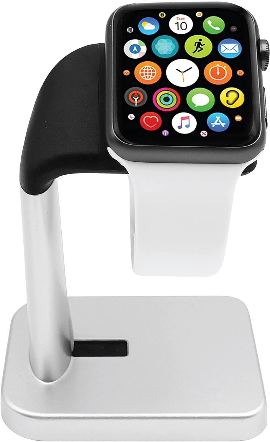 Macally Apple Watch Stand & Charger Dock for All Series - Sleek Silver Charging Station for 49mm to 38mm Models