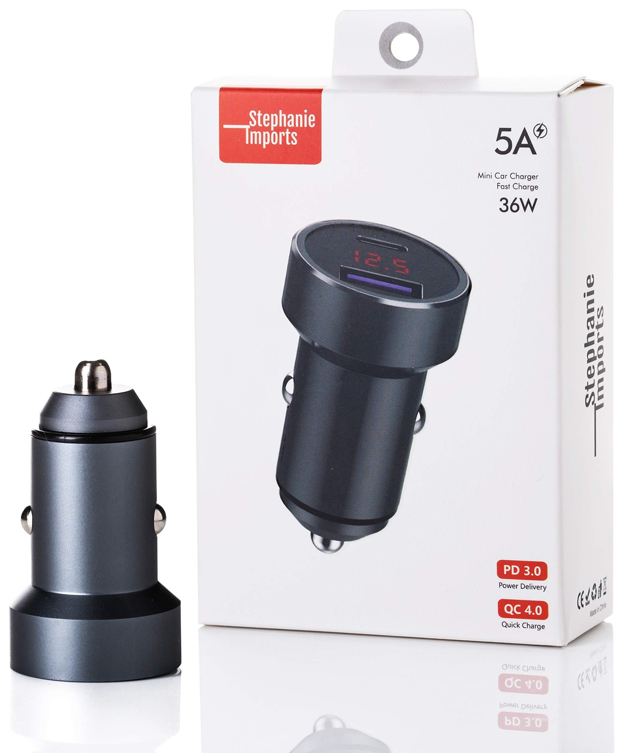 36W Dual USB Type C & USB A Fast Car Charger with LED Voltmeter - PD 3.0 & QC4.0 Compatible